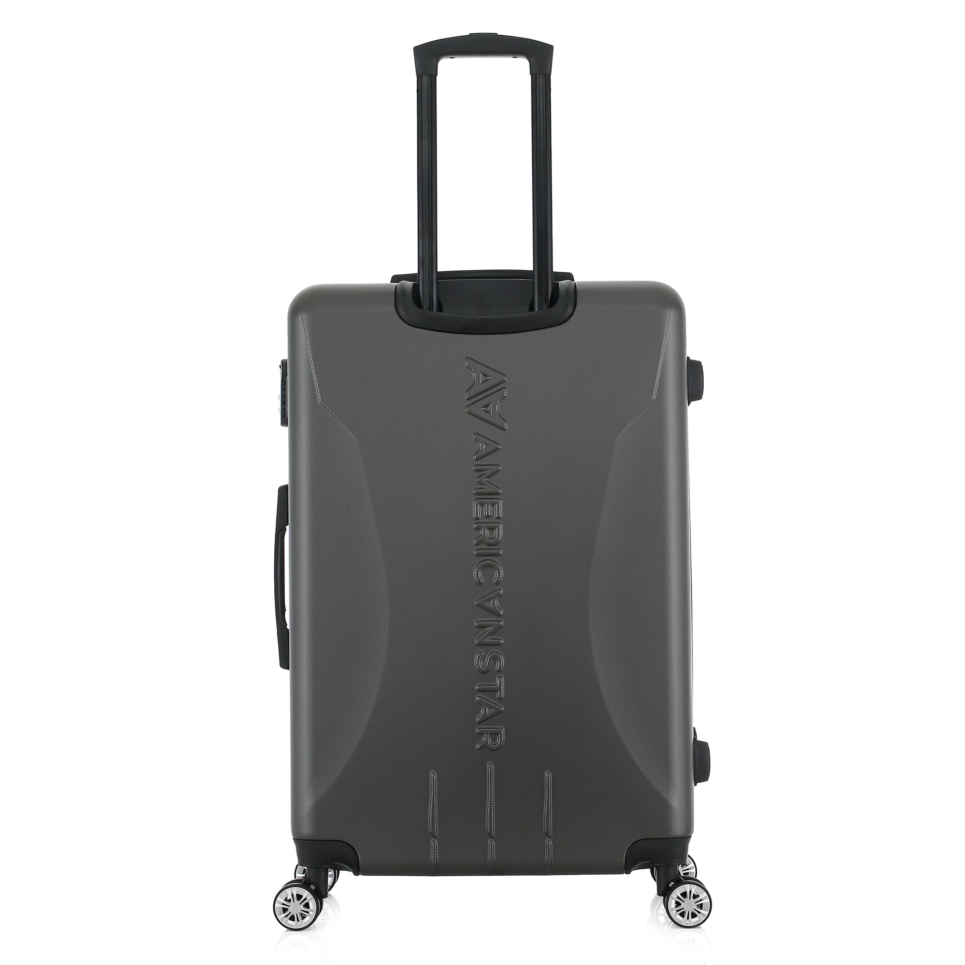 Grande valise grise de dos
