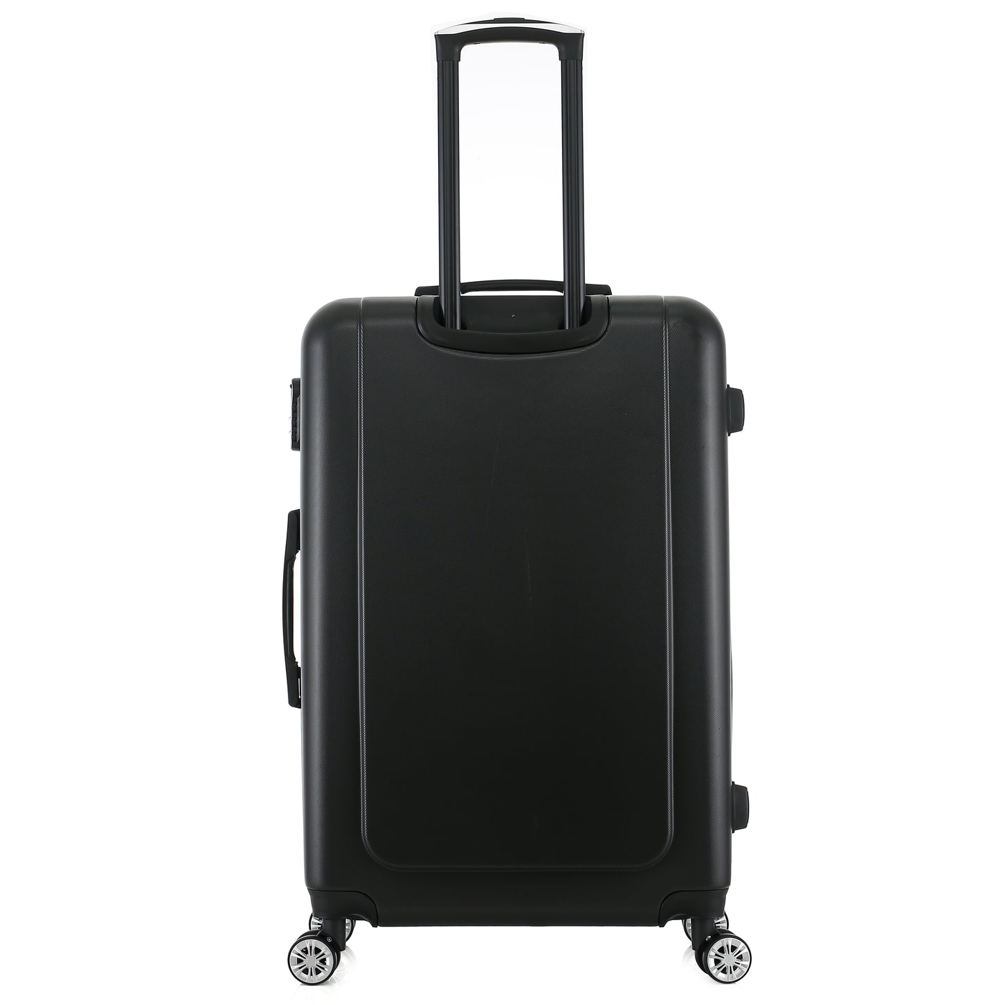 Grande valise noire de dos
